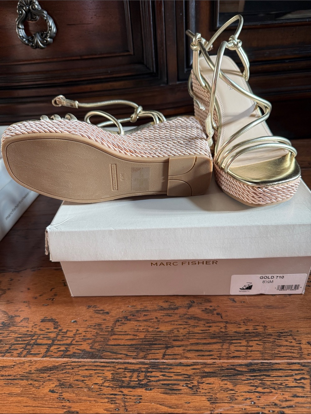 Marc Fisher Gold Metallic Strappy Espadrille Platform Sandals